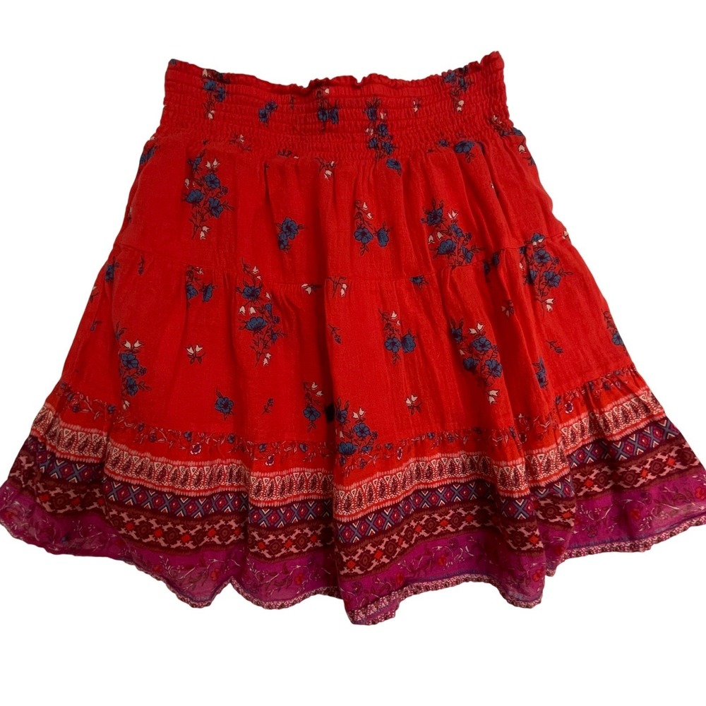 Old Navy Red Floral Smocked Tiered Mini Skirt XS‎ Boho Geometric Border Cotton